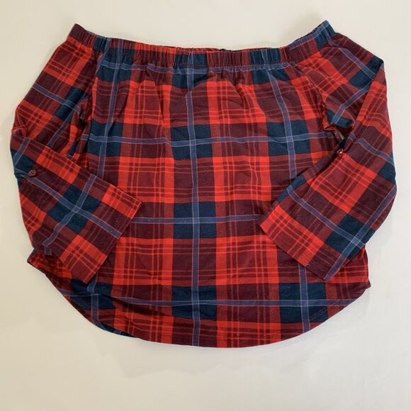 Ambiance Off Shoulder Top Women S Red Navy Plaid Roll Tab July Holiday Western - Picture 3 of 8